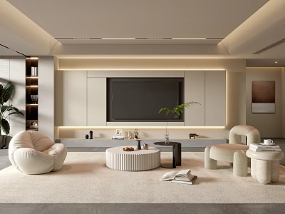 Modern Living Room Interior With Comfortable Sofa Round Coffee Table TV Wall And Decorative Plant 3d model