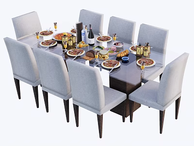 Elegant Dining Table With Gray Chairs Plates Food Wine Glasses And Bottles 3d model