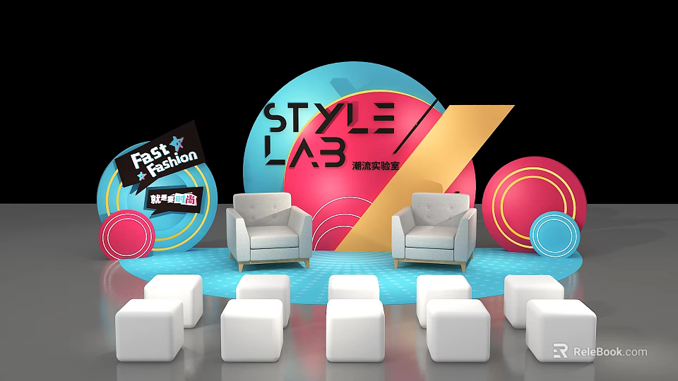 Modern Fashion Stage Design With Colorful Circular Decor And White Seats 3d model 