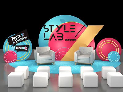 Modern Fashion Stage Design With Colorful Circular Decor And White Seats 3d model