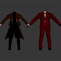 Two Characters in Brown Trench Coat and Red Suit Standing Holding Hands on White Background