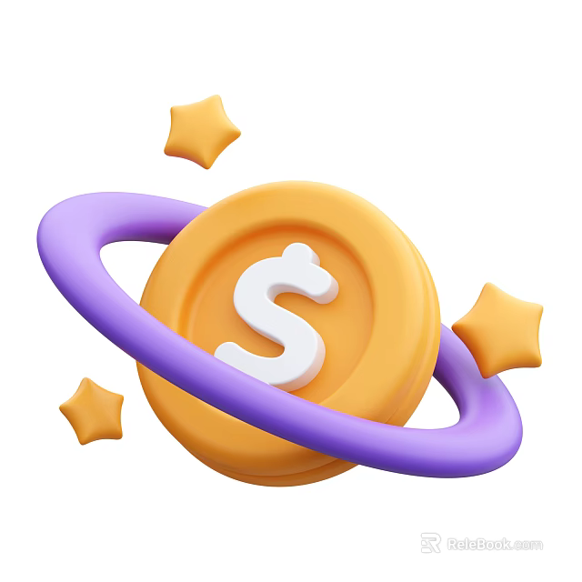 Decorative Ornament Set Including Yellow Coin With Dollar Sign Purple Ring And Stars 3d model 