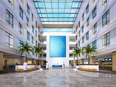 Spacious Hospital Lobby Interior With Glass Skylight Palm Trees And Reception Desks 3d model