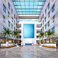 Spacious Hospital Lobby Interior With Glass Skylight Palm Trees And Reception Desks