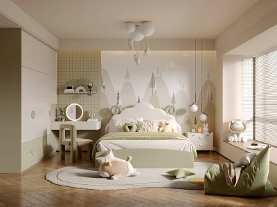 Kids Room Interior Design With Curved Bed Plush Toys Green Bean Bag And Mountain Wallpaper 3d model