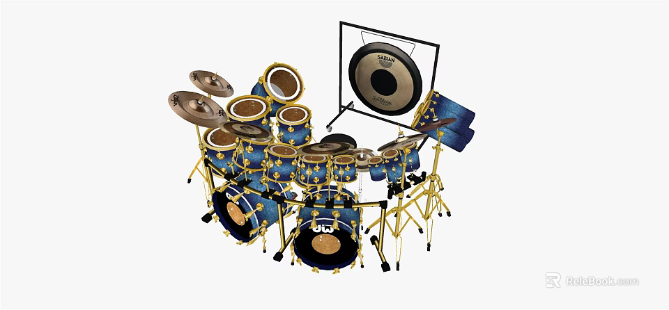 Musical Instruments Complete Drum Set With Blue Shells Cymbals And Golden Hardware Stands 3d model 