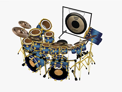 Musical Instruments Complete Drum Set With Blue Shells Cymbals And Golden Hardware Stands 3d model