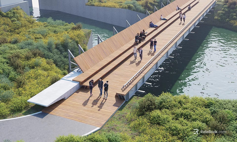 Modern Garden Landscape Design With Wooden Walkway Green Vegetation Water Area And People Walking 3d model 