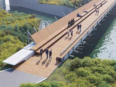 Modern Garden Landscape Design With Wooden Walkway Green Vegetation Water Area And People Walking 3d model