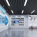 Modern High Tech Showroom With Blue Lighting Digital Screens Product Display Walls And Bookshelves