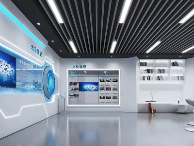 Modern High Tech Showroom With Blue Lighting Digital Screens Product Display Walls And Bookshelves 3d model