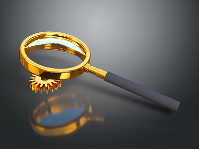 Shiny Golden Magnifying Glass With Metal Gear On Dark Reflective Surface 3d model