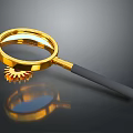 Shiny Golden Magnifying Glass With Metal Gear On Dark Reflective Surface
