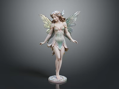 Woman Shaped Fairy Statue With Colorful Wings Flower Crown And Decorative Outfit On Pedestal 3d model