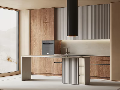 Modern Kitchen Interior With Wooden Cabinets Ribbed Design And Central Island Counter 3d model