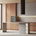 Modern Kitchen Interior With Wooden Cabinets Ribbed Design And Central Island Counter
