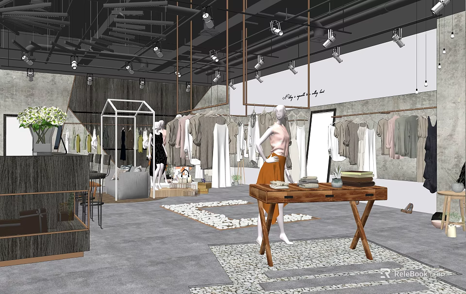 Modern Clothing Store Interior With Clothing Racks Mannequins Wooden Table Green Plants and Spotlights 3d model 