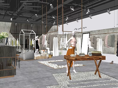 Modern Clothing Store Interior With Clothing Racks Mannequins Wooden Table Green Plants and Spotlights 3d model