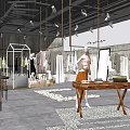 Modern Clothing Store Interior With Clothing Racks Mannequins Wooden Table Green Plants and Spotlights