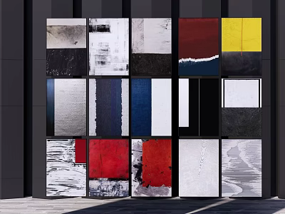 Multiple Colorful Abstract Textured Modern Wall Art in Grid Layout on Dark Wall 3d model