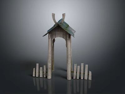 Rustic Outdoor Wooden Pavilion Structure With Sloped Roof Pillars And Fence Pickets 3d model