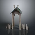 Rustic Outdoor Wooden Pavilion Structure With Sloped Roof Pillars And Fence Pickets