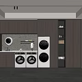 Modern Laundry Room Interior Design With Built-in Cabinets And Stacked Washing Machines