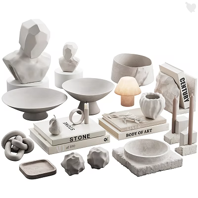 Decorative Ornament Set With Human Busts Geometric Bowls Mushroom Lamp Stone Books And Chain Decor 3d model