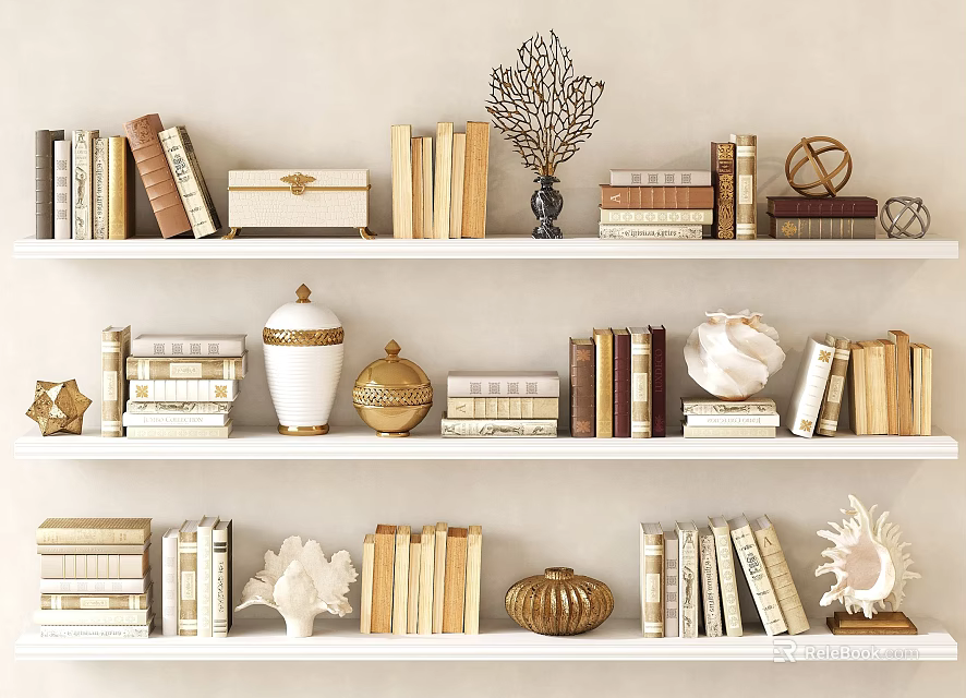 Decorative Books On White Shelves With Stacked Volumes Ornamental Shells And Golden Jars 3d model 