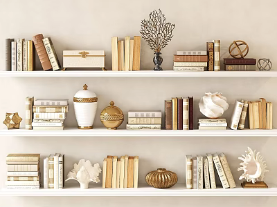 Decorative Books On White Shelves With Stacked Volumes Ornamental Shells And Golden Jars 3d model
