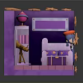 Cartoon Purple Themed Room With Star Decorations Starry Window Telescope And Cartoon Character On Bed