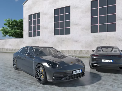 Two Gray Luxury Cars Parked Near Modern Building With Large Windows And Tree 3d model
