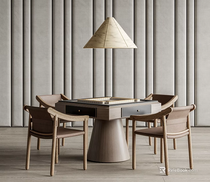 Modern Minimalist Interior With Wooden Table Four Chairs And Woven Shade Lamp 3d model
