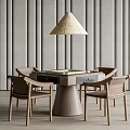 Modern Minimalist Interior With Wooden Table Four Chairs And Woven Shade Lamp 3d model