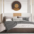 Modern Elegant Bedroom Interior With Circular Wall Decor Upholstered Headboard And Wooden Wardrobe