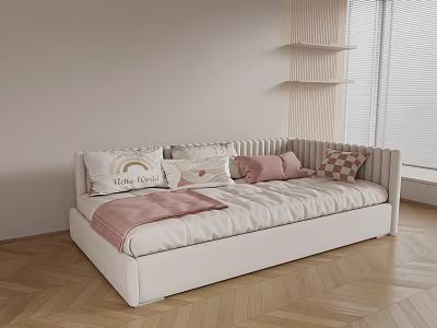 White Kids Bed with Decorative Pillows and Vertical Striped Wall Design 3d model