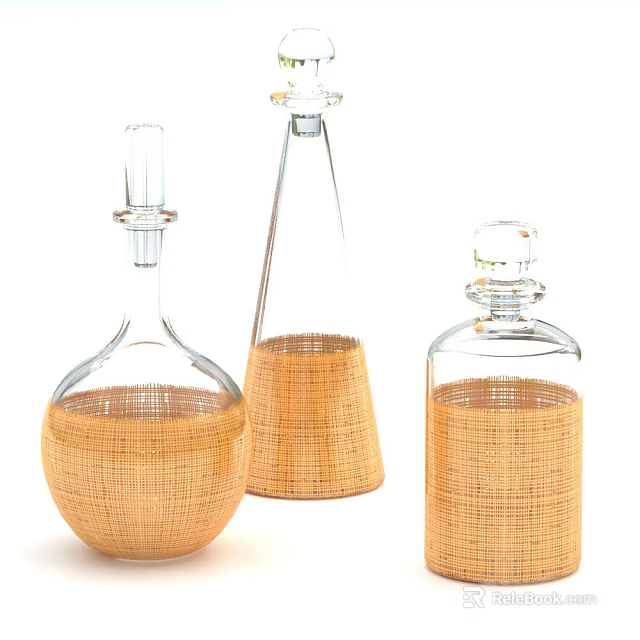 Ceramic Vessels With Woven Texture And Transparent Glass Openings In Natural Beige 3d model 