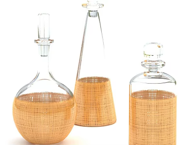 Ceramic Vessels With Woven Texture And Transparent Glass Openings In Natural Beige 3d model