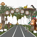 Forest Zoo Garden Landscape With Animal Decorations Trees Path And People Walking