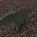Green Dinosaur with Spiked Back Standing on Gravel Ground in Front of Glass Building Background