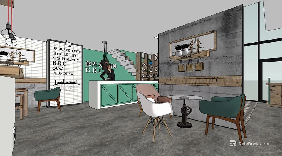 Coffee Shop Interior With Green Wall White Counter Colorful Chairs Staircase And Wooden Decor 3d model 