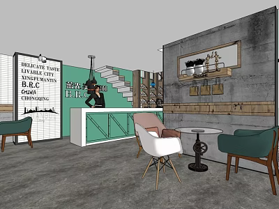 Coffee Shop Interior With Green Wall White Counter Colorful Chairs Staircase And Wooden Decor 3d model