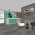 Coffee Shop Interior With Green Wall White Counter Colorful Chairs Staircase And Wooden Decor
