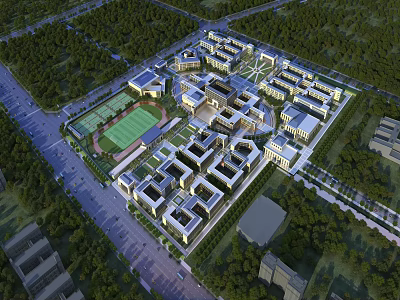 Aerial View of Modern School Campus Buildings Surrounded by Green Trees and Sports Field 3d model