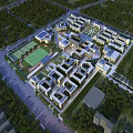 Aerial View of Modern School Campus Buildings Surrounded by Green Trees and Sports Field