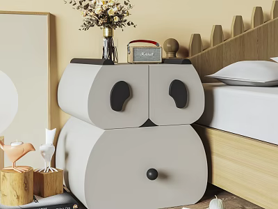 Panda Shaped Gray White Bedside Table With Drawers Black Handles Vase Flowers Alarm Clock 3d model
