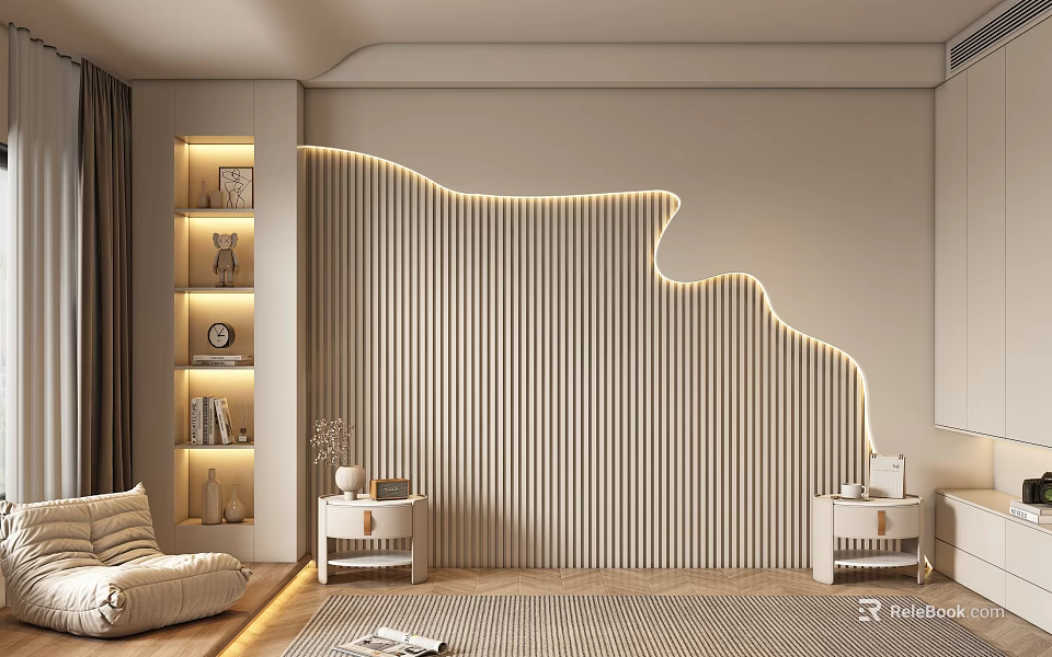 Modern Bedroom Bed Background Wall With Vertical Slats Curved LED Lighting And Wooden Texture 3d model 