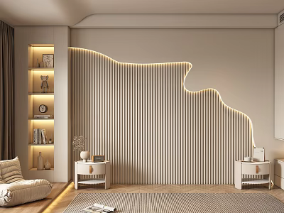 Modern Bedroom Bed Background Wall With Vertical Slats Curved LED Lighting And Wooden Texture 3d model