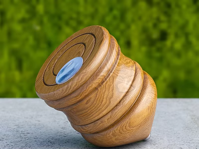 Tilted Wooden Top With Stacked Layers On Gray Tabletop And Green Plants In Background 3d model