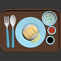Stacked Crepe On Blue Plate With Brown Tray Green Red Black Sauces And Fork Spoon